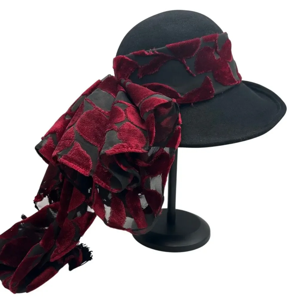 Whittall & Shon Vintage Black Wool Wide Brim Hat Velvet Burnout Scarf Set Whittall & Shon Vintage Black Wool Wide Brim Hat Velvet  main image 3